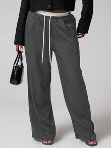 MUSERA 加大码直筒撞色系带腰带休闲裤 - 深灰色 - 查看 2