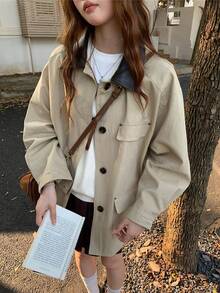 SHEIN K-Vae 女士撞色翻领单排扣时尚百搭秋冬风衣 - 卡其色 - 查看 1