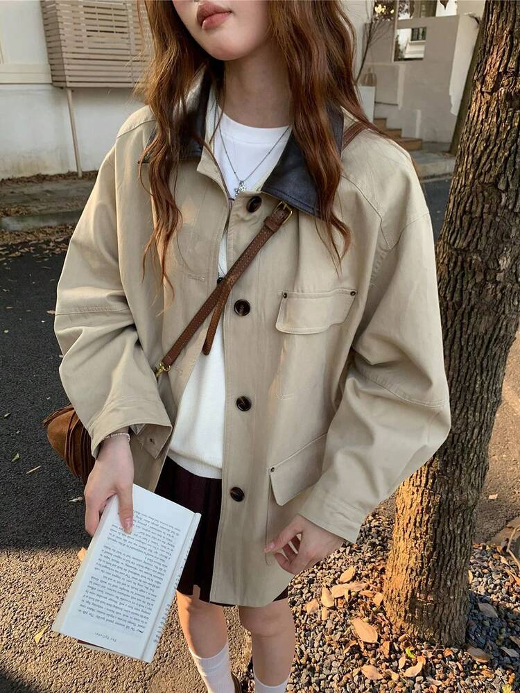 K-Vae Áo khoác trench coat nữ thời trang đa năng, cài nút đơn phía trước, ve áo màu tương phản, thời trang thu đông - Màu Khaki - Xem 1