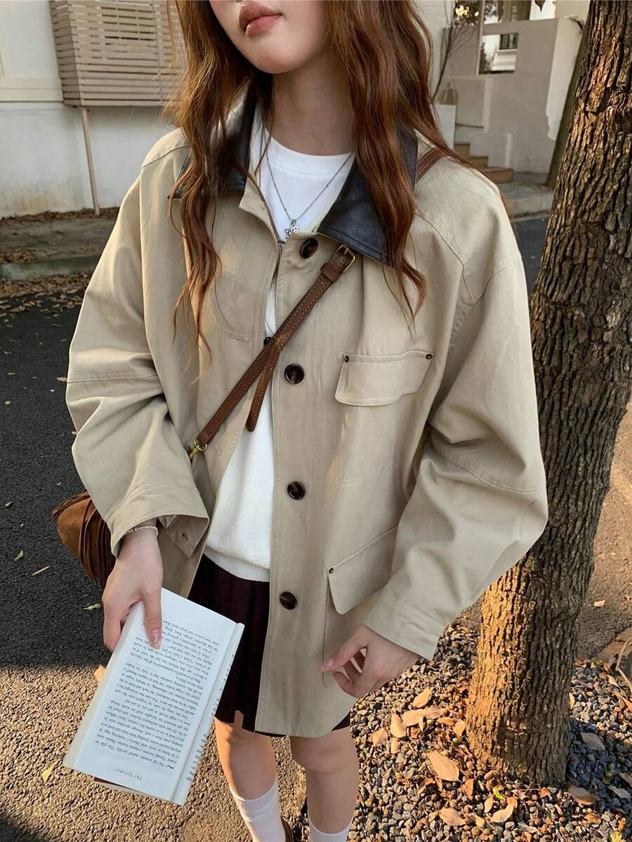 SHEIN K-Vae 女士撞色翻领单排扣时尚百搭秋冬风衣 - 卡其色 - 查看 1