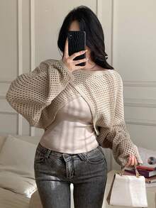 DAZY 2pcs Knitted Cover Up & Camisole Set, Casual Elegant Design Criss-Cross Knit Top, Fitted Women Sweater, Suitable For Autumn, Spring, Summer - Khaki - View 7