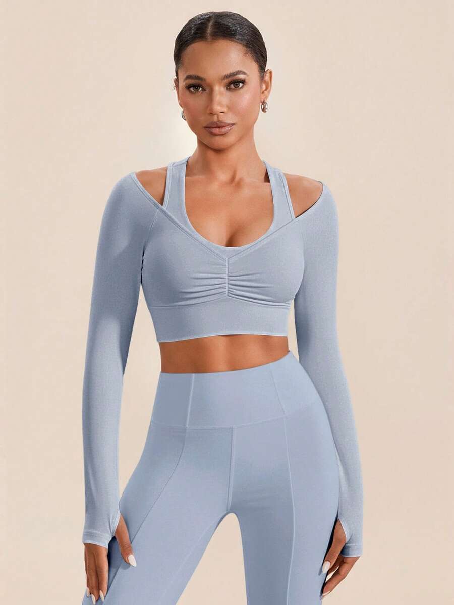 VARSIVA Women's Autumn Simple Solid Color Pleated Cropped Fitted Sports T-Shirt