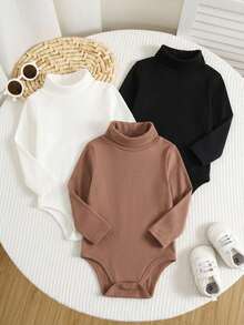 SHEIN Bộ 3 món/Bộ đồ liền thân dài tay cổ lọ màu trơn dày ấm áp cho bé trai/gái mới biết đi, thoải mái, đa năng, thời trang, thường ngày, thích hợp mặc trong nhà, ngoài trời, hàng ngày, thể thao, vui chơi, tiệc tùng, chụp ảnh, ngày lễ, Halloween vào mùa thu/đông - Nhiều màu - Xem 5