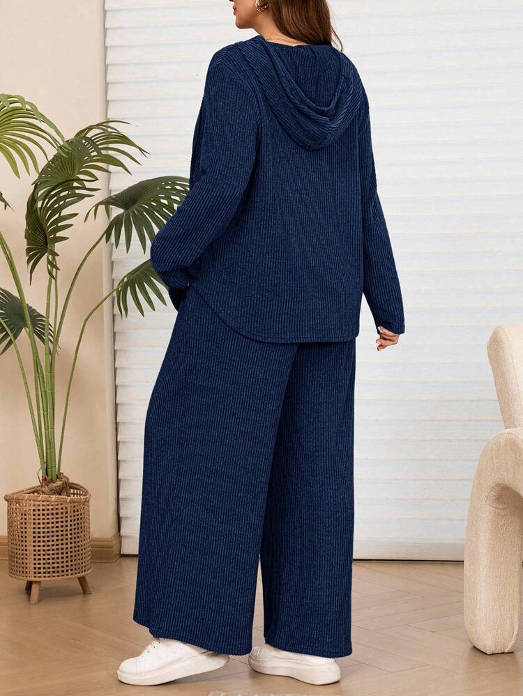 2pcs Plus Size Women Casual Hooded Sweatshirt Top And Pants Set With Pockets, 2pcs Plus Size Women Fall Casual Solid Color Navy Blue Hoodie Sweatshirt And Pants Set With Pockets,Autumn/Winter,G Plus Size Winter Clothes, Modest Two Piece Set, Comfortable Two Piece Set, Modest Sets For Women, Wide Leg Pants Set,Comfortable And Breathable,Going Out Outfits,2026 New Clothes,Simple And Fashionable For Everyday Wear,Early Spring, Two Piece Set Women Comfy, 2 Piece Lounge Sets Woman, Plus Size Pants Set,Vacation Outfits Women ,Holiday Outfits For Women,Spring Outfit Women,Valentine's Day ,Valentine Outfits For Women