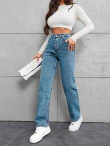 SHEIN Tall 高腰100%纯棉斜口袋直筒牛仔裤 - 淺色水洗藍 - 查看 5