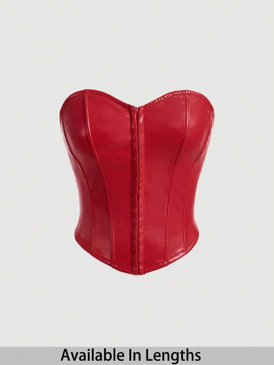 SHEIN Tall CURVE 加大码纯色前中心纽扣装饰 PU 皮革黑色抹胸 - 紅色 - 查看 1