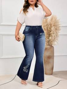 EMERY ROSE Plus-Size Women's Winter Rhinestone Washed Elegant Jeans - Dark Wash - View 5