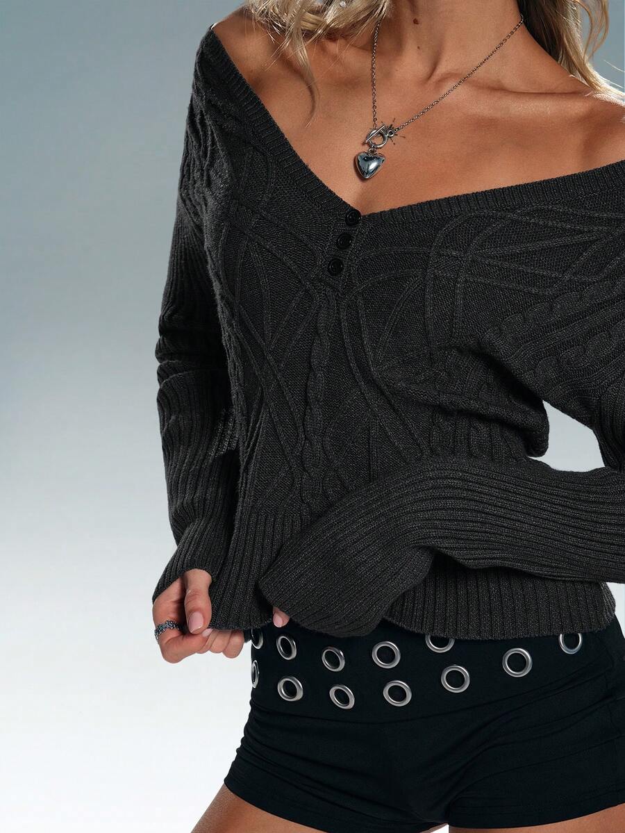 SHEIN TRNDY Women's Casual V-Neck Textured Slim Fit Relaxed Sweater, Long Sleeve - Dark Grey - View 1