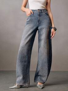 Anewsta Women's Pocket Button Casual Versatile Rhinestone Flared Leg Jeans - Blue - View 7