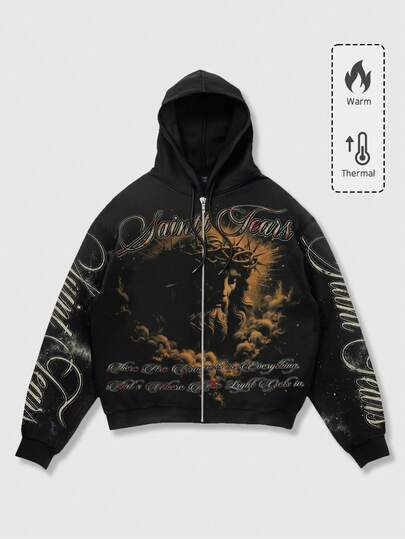 Street Life Sudadera con capucha y cremallera con cordón y estampado de eslogan para hombre