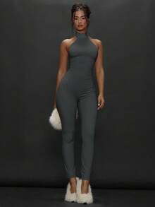 MUSERA High Neck Fitted Bodycon Capri Jumpsuit Autumn Winter Fall Going Out Everyday Night Out Sexy Streetwear Esky Party  Elegant Thanksgiving Chic - Dark Grey - View 3