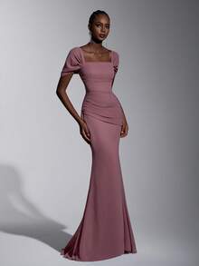 Elitara Elegant Lotus Pink Chiffon Off Shoulder Ruffle Front Slim Fit Fishtail Dress, Suitable For Dates, Vacations, Singles Parties, Weddings, Bridesmaid - Dusty Pink - View 7