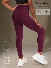 SHEIN Tween Girl High Waisted Ribbed Seamless Slim Leggings,Burgundy Red,Autumn,Athletic,Gym Sport Breathable 4-Way Stretch Legging For Yoga Running Cycling - Burgundy - View 2