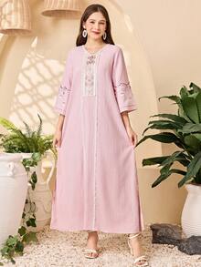 SHEIN Teen Girl Pastel Pink Autumn Casual Vacation Lace Trim V-Neck Loose Maxi Dress,Embroidered Mesh Long Sleeve Wavy Fabric Muslim Abaya Dress For School - Pink - View 6