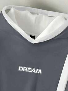 Claim Dot 男士撞色字母印花休闲长袖套头连帽衫，罗纹下摆 - 淺灰色 - 查看 5