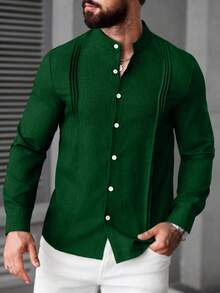 Manfinity CasualCool 男士休闲纯色前开襟衬衫，秋季款 - 綠色 - 查看 6