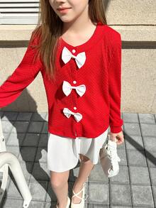 2 pièces/set Ensemble fille décontracté avec sweat-shirt à col rond et jupe avec nœud décoratif, manches longues, convient pour l'automne et les sorties - Rouge - Voir 4