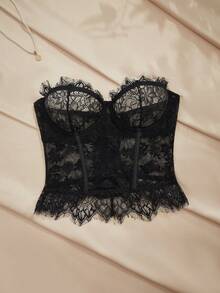 Charlaine 1/2罩杯花卉蕾丝拼接半罩杯文胸，钢圈聚拢加厚无缝舒适文胸，浪漫法式/意式风格，适合日常穿着 - 黑色 - 查看 8