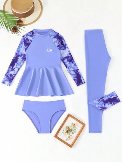 SHEIN Tween Girls Solid Color Long Sleeve Crew Neck Top, Fashionable For Summer Swimwear Girls 3 Piece Swimsuit Long Sleeve Girls Long Sleeve Swimsuit Set Girls Rash Guard Set Long Sleeve Swimsuit With Leggings Girls Modest Swimsuits For Girls Girls Long Sleeve Pants Swimsuits Skirt 2-Pieces Rash Guard Set Sun Protection UV 50+