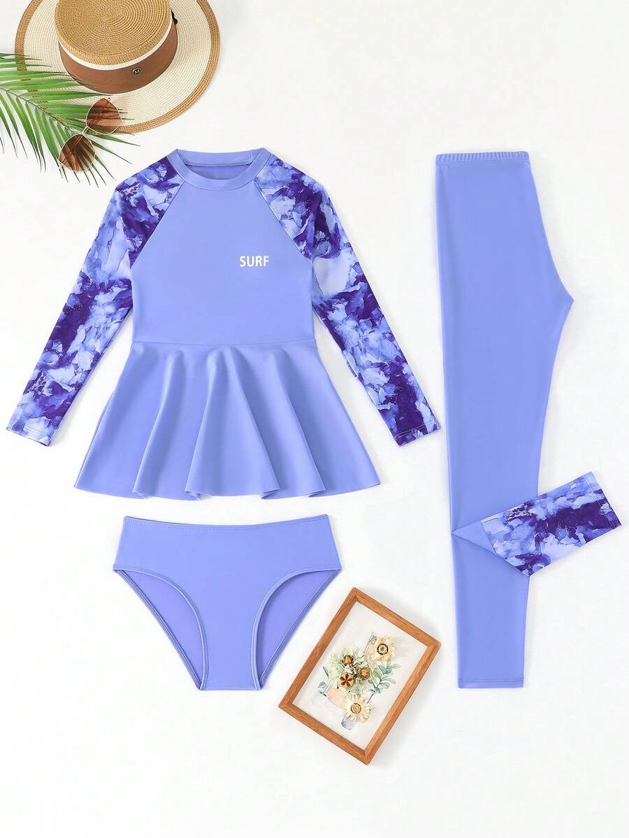 SHEIN Tween Girls 3 Piece Swimsuit Long Sleeve Rash Guard Set With Leggings,Modest UV 50+ Sun Protection Aqua Blue Summer Casual Beach Holiday Vacation - Purple - View 1