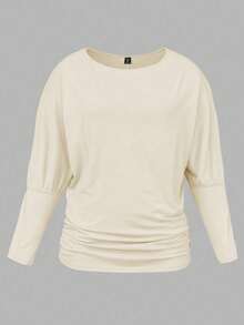 EMERY ROSE Áo thun dệt kim dài tay cổ tròn màu trơn thường ngày cỡ lớn dành cho nữ, mùa thu/đông - Màu be - Xem 1