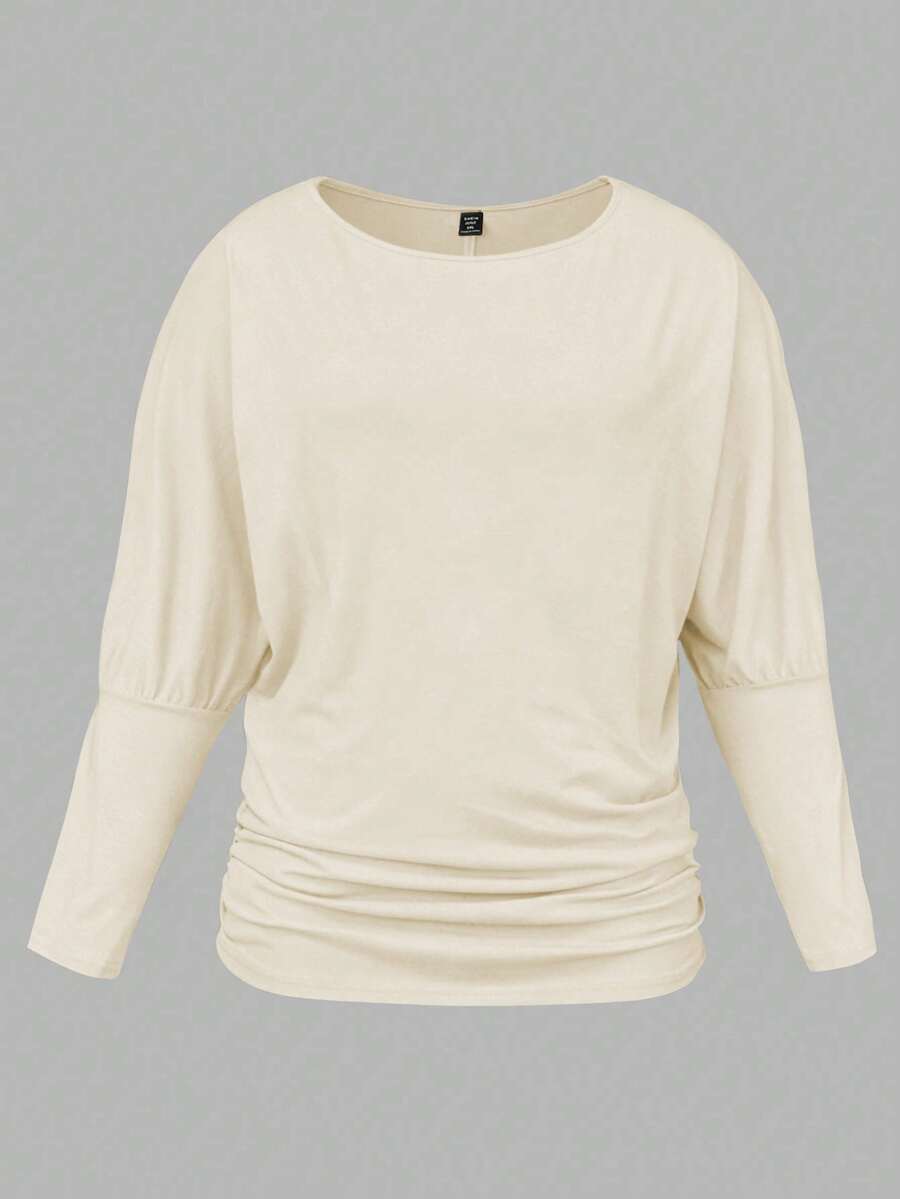 EMERY ROSE Áo thun dệt kim dài tay cổ tròn màu trơn thường ngày cỡ lớn dành cho nữ, mùa thu/đông - Màu be - Xem 1