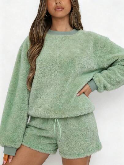 INAWLY 2pcs Women Casual Drop Shoulder Fluffy Sweater And Shorts Set, Autumn/Winter