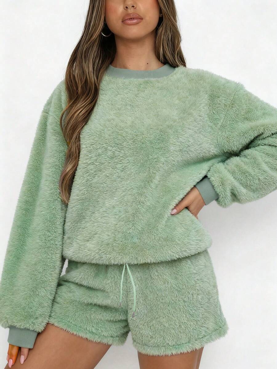 INAWLY 2pcs Women Casual Drop Shoulder Fluffy Sweater And Shorts Set, Autumn/Winter - Green - View 1