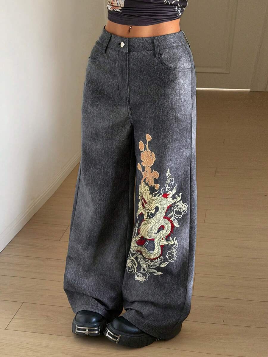 StreetHx Women's Casual Street Dragon Pattern Wide Leg Pants, Autumn/Winter - Medium Wash - View 1