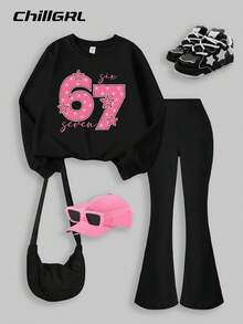 Sparklyn Tween Girl Pink Numeral Print Crew Neck Long Sleeve Sweatshirt And Flare Leg Pants Set - Black - View 4