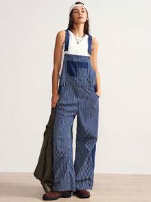 SHEIN BohoFeels 新年、圣诞节、情人节女士休闲宽松条纹连体裤 - 藍色 - 查看 5