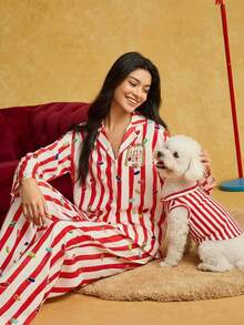 HARRY POTTER X SHEIN Conjunto de pijama feminino com estampa de desenho animado em listras vermelhas e brancas, blusa de manga comprida e calça folgada, ideal para primavera/outono e inverno.