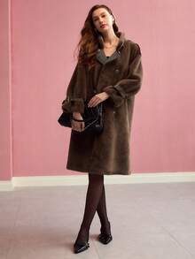 MOTF PREMIUM BUCKLE DETAIL STAND COLLAR DOUBLE-BREASTED FAUX FUR COAT - Mocha Brown - View 5