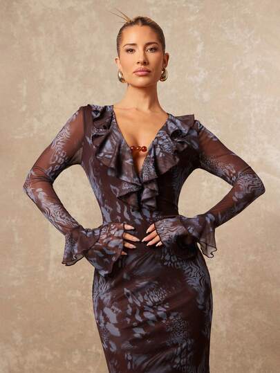 Lumalex Early Spring Women's Mesh Flowy Tie Dye Floral Print Waist Beaded Decor Multi-Layer Flare Sleeve Bodycon Mermaid Dress PreSpringDresses Vacation Birthday Outfits Wedding VDayGiftGuide RomanticVDayOutfit Guest Wedding VDayGiftGuide RomanticVDayOutfit Party Summer Holiday Beach Outfits Luxury Look LuxeLooks QuietLuxe Prom Gathering Party Banquet Modest Old Money Coquette Rave Festival Richly Layered Party