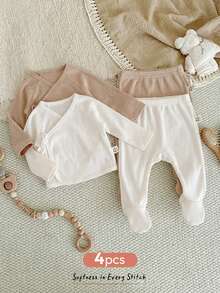 Cozy Pixies Newborn Baby Boy/Girl 4pcs Set: Solid Color Knit Soft Crew Neck Long Sleeve Top & Elastic Waist Pants - Multicolor - View 8
