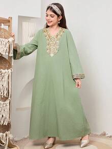 SHEIN رمضان جلابيه   Tween Girls' Casual Round Neck Short Sleeve Dress  الملابس التقليدية العربية - Green - View 9