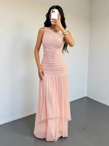 SHEIN PETITE 女式纯色圆领褶边无袖休闲连衣裙，夏季 - 粉色 - 查看 3