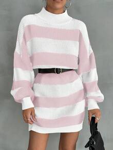 EURMUSE Women Drop Shoulder Sweater Dress With Striped Pattern - Baby Pink - View 8