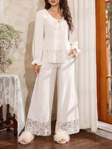 Côtesoire 法式优雅蕾丝拼接睡衣套装，宽松版型，展现迷人南法风情，女士长袖长裤睡衣套装，秋季款 - 白色 - 查看 4