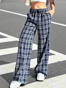 SHEIN EZwear 加大码女式格子裤，黑白格子松紧腰带口袋阔腿休闲宽松裤，女式冬季服装 - 彩色 - 查看 10