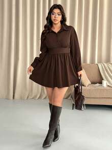 Vionelle Vestido plus size de cor sólida com cintura franzida, mangas compridas e gola camisa em tecido plano, ideal para outono/inverno. - Castanho Café - Ver 8