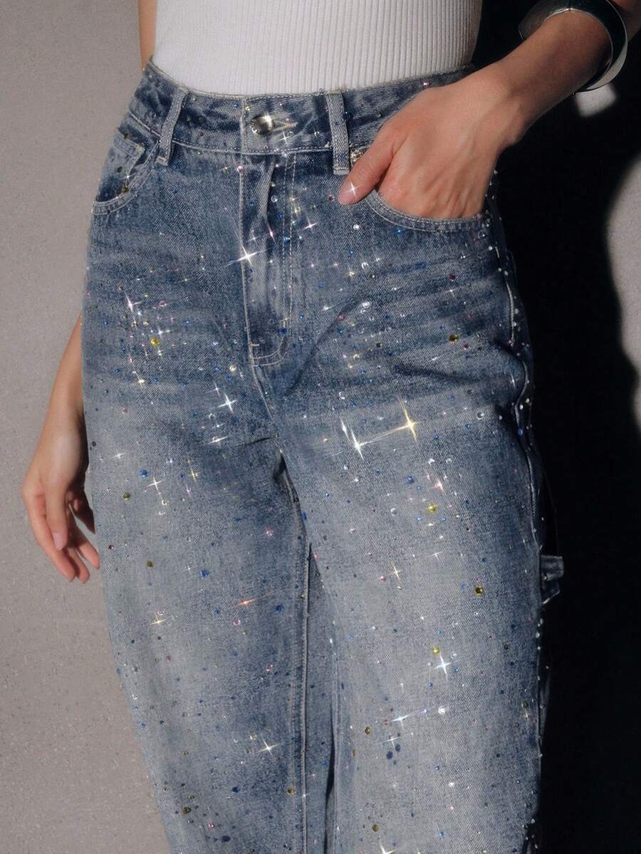 Anewsta Women's Pocket Button Casual Versatile Rhinestone Flared Leg Jeans - Blue - View 1