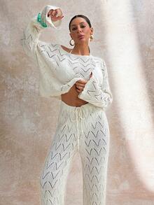 SHEIN Cottnline مجموعة قطعتين من النسيج المفتوح المنسوج باللون العاجي، تتميز بسراويل واسعة وأعلى بأكمام طويلة، من قماش خفيف ومنفذ للهواء لأنماط البوهيمي الأنيق للنساء في الصيف، مفرغة - بيج - مشاهدة 6
