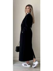 Conjunto Sexy Mujer Premium 4 Piezas Suéter Cuello Alto Acanalado Pantalón Vestir Cinturón Integrado Abrigo Largo Estilo Clásico Blusa Punto Cuello Alto Pantalón Sexy Ajustable Saco Largo Dama Premium - negro - Ver 3