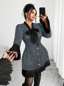 SHEIN PETITE CURVE 大码女式加厚背带连体裤，粗花呢格纹厚面料拼接修身优雅小码连衣裙，适合返校、毕业典礼、情人节、音乐节、母亲节、万圣节、感恩节、复活节、国庆节、晚会、约会派对、婚礼季、户外活动等场合。 - 藍色 - 查看 3