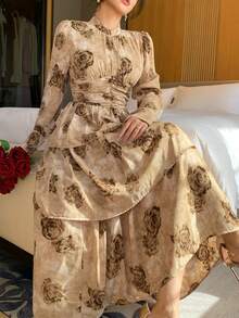 DAZY Beige Floral Print Chiffon Midi Dress,Elegant Pleated Waist Casual Autumn Style For Tea Party,Wedding,Christmas,New Year & Spring Fashionable Brown - Apricot - View 7