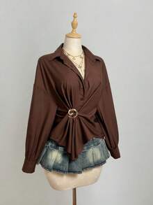 Elamini 女士棕色上衣，优雅休闲百搭，适合聚会、通勤等场合，金属装饰纽扣长袖衬衫，秋冬款 - 棕色 - 查看 1