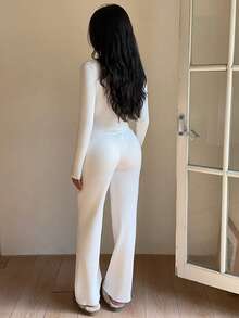 Flirla 两件套女士白色罗纹针织衫套装，简约百搭通勤休闲时尚修身套装，秋冬款 - 白色 - 查看 3