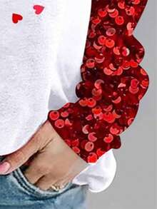 Damen Langarm T-Shirt mit Herz Muster, Dekor mit Pailletten-Imitat, Rundhalsausschnitt, modisch-lässig, geeignet für Valentinstag, Frühling/Herbst - Verschiedenfarbig - Übersicht 3