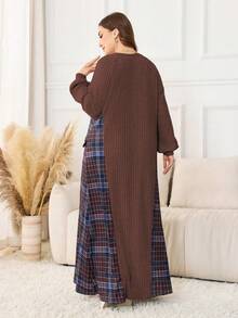 Lacomfia Women's Plus Size Long Sleeve Round Neck Brushed Plaid Patchwork Faux Pocket Knit Simple Elegant 2-Piece Set - Brown - View 2